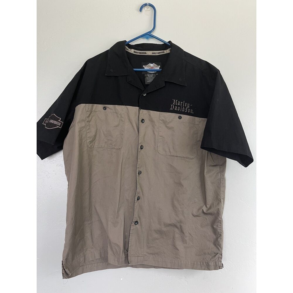 Harley Davidson Mens Short Sleeve Button Up Shop Shirt Color Block Size XL